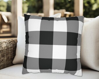 Buffalo Plaid Throw Pillow, Black and White Gingham Farmhouse Decor