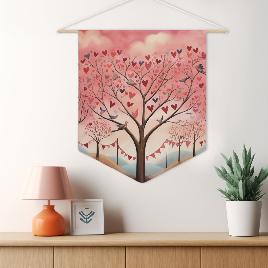 Pink Heart Tree Valentines Day Pennant Flag Wall Hanging - Ready to ...