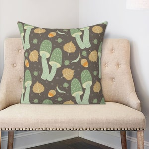 Kussensloop herfstpaddestoelpatroon in groen, goud en grijs, boho herfstpatroon kussenslopen, herfsthuisdecoratie kussenslopen, paddestoeldecor