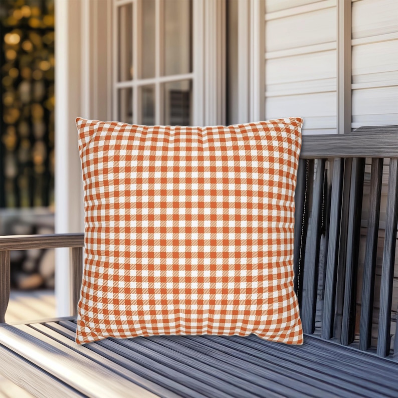 Oranje geruite vierkante sierkussen, herfstkussens, herfstkussens, zomerkussens, kussens met gingangruit, herfstdecor, herfsthuisdecor, oranje ruitkussen afbeelding 1