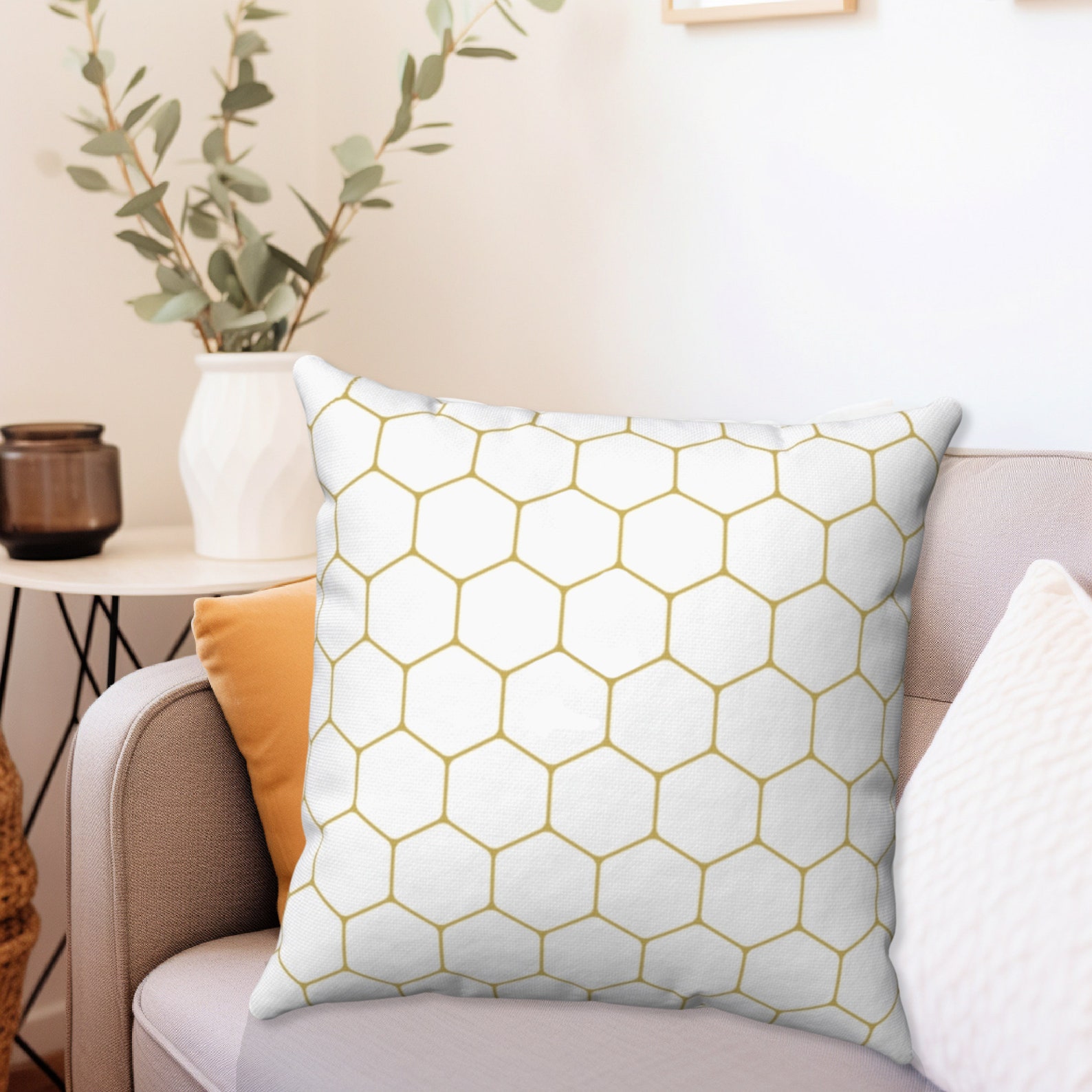 Honeycomb Pattern Pillow Gold & White, Gold White Decor, Honeycomb