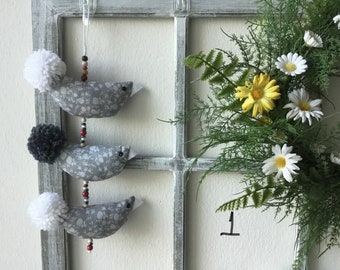 Fabric Bird Garland, Boho Spring Decor, Pom Pom Wall Hanging
