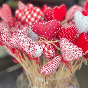 Heart decor,6 Fabric Hearts Decorations on wood stick,Valentine’s Day Hearts Bouquet,Valentines Day Decor,Fabric heart,Gift for loved ones