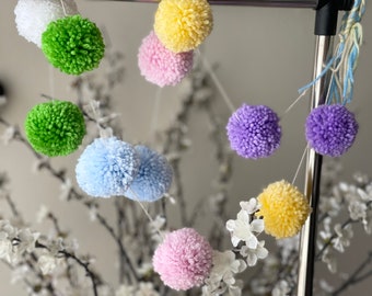 Decoración de baby shower, decoración de primavera, guirnalda de pompones de hilo, hermosa guirnalda de pompones, decoración de fiesta, colgante de pared, decoración de boda, decoración de cumpleaños,