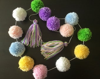 Guirnalda de pompones de lana, borlas en tonos pastel, decoración para baby shower, banderines para fiesta de Pascua.