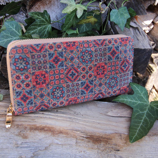 Geldbörse Damen Kork Portemonnaie für Frauen / Ethno Blumen Boho Muster / Größe 19 x 10 cm / Farbe Bunt