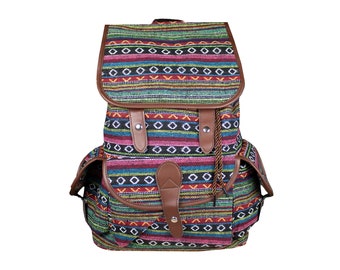 Ethno Rucksack, Cityrucksack für Ausflüge, Hippie, Festival Rucksack, viele Fächer, Grün Bunt Gestreift