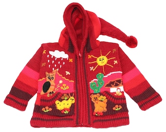 Kinderstrickjacke aus Peru, Jacke mit Kapuze und Reißverschluss für Babys und Kinder, Wolle, Größe 62 bis 116, Handgefertigt, Dunkelrot