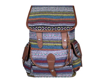 Ethno backpack, City backpack for excursions, Hippie, Festival backpack, many compartments, Grey Blue Red Striped