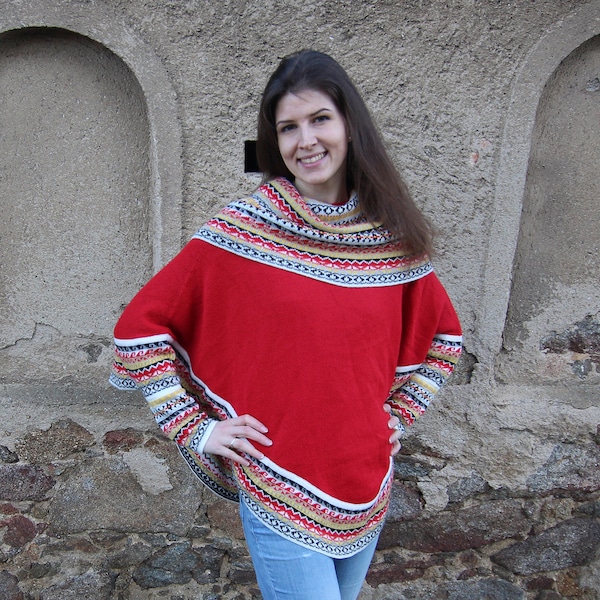 Damen Poncho, Alpaka Wolle und Polyacryl mit Tribal, Ethno, Hippie, Azteken, Boho, Indio, Farbe rot