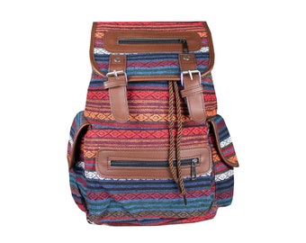 Ethno backpack, City backpack for excursions, Hippie, Festival backpack, many compartments, Red Blue Striped