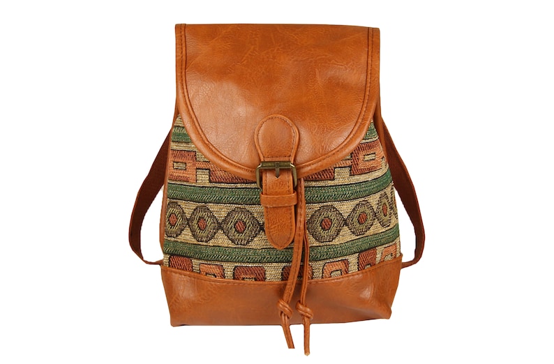 Backpack Women Small, CityBackpack Daypack for Women and Girls for Hiking, For Excursions, Ethnic Indian Festival Backpack, Green image 1