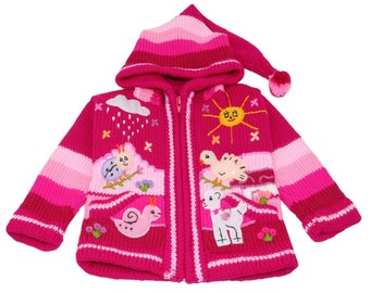 Kinderstrickjacke aus Peru, Jacke mit Kapuze und Reißverschluss für Babys und Kinder, Wolle, Größe 62 bis 116, Handgefertigt, Magenta