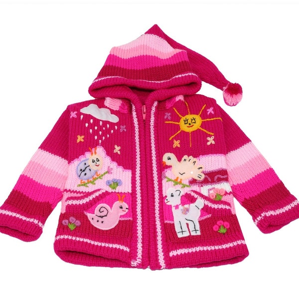 Kinderstrickjacke aus Peru, Jacke mit Kapuze und Reißverschluss für Babys und Kinder, Wolle, Größe 62 bis 116, Handgefertigt, Magenta