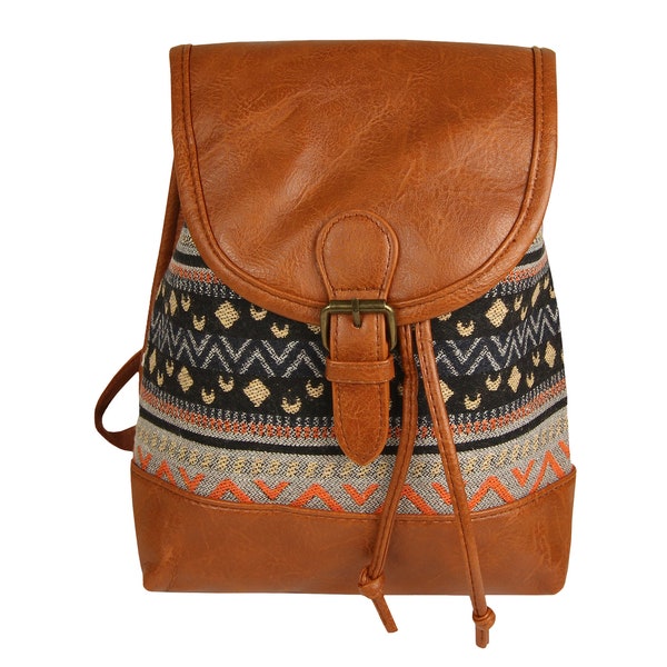 Rucksack Damen Klein, Cityrucksack Daypack für Frauen und Mädchen zum Wandern, für Ausflüge, Ethno Indianer Festival Rucksack, Schwarz