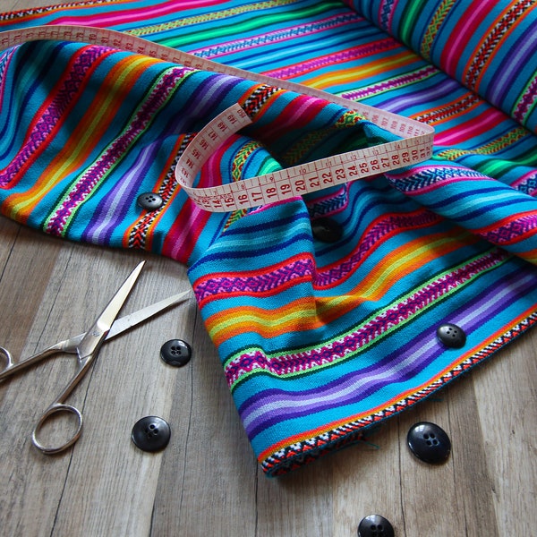 Tkanina etno w kolorowe paski z Peru, tkanina na metry do szycia, tkanina DIY, 50 cm, kolor niebieski