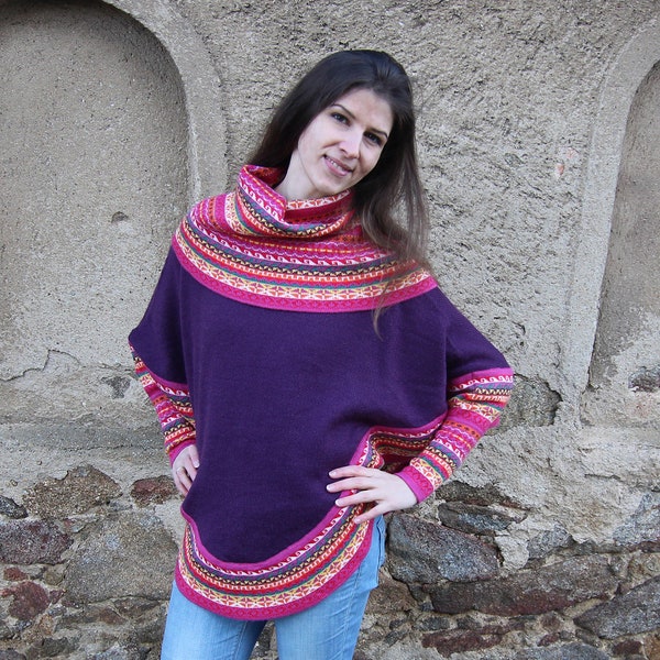 Damen Poncho, Alpaka Wolle und Polyacryl mit Tribal, Ethno, Hippie, Azteken, Boho, Indio, Farbe lila