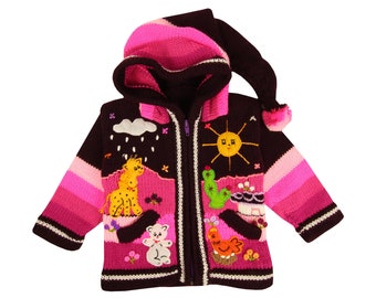 Kinderstrickjacke aus Peru, Jacke mit Kapuze und Reißverschluss für Babys und Kinder, Wolle, Größe 62 bis 116, Handgefertigt, Lila mit Pink