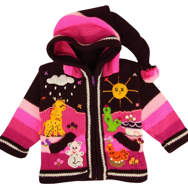 Kinderstrickjacke aus Peru, Jacke mit Kapuze und Reißverschluss für Babys und Kinder, Wolle, Größe 62 bis 116, Handgefertigt, Lila mit Pink