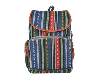 Rucksack Ethno, Cityrucksack Daypack für Ausflüge, Indianer, Hippie, Festival Rucksack, Blau Grün Gestreift