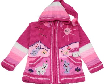 Kinderstrickjacke aus Peru, Jacke mit Kapuze und Reißverschluss für Babys und Kinder, Wolle, Größe 62 bis 116, Handgefertigt, Rosa