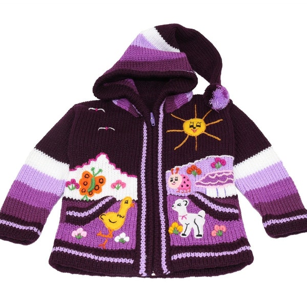 Kinderstrickjacke aus Peru, Jacke mit Kapuze und Reißverschluss für Babys und Kinder, Wolle, Größe 62 bis 116, Handgefertigt, Lila