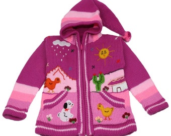 Kinderstrickjacke aus Peru, Jacke mit Kapuze und Reißverschluss für Babys und Kinder, Wolle, Größe 62 bis 116, Handgefertigt, Pinklila