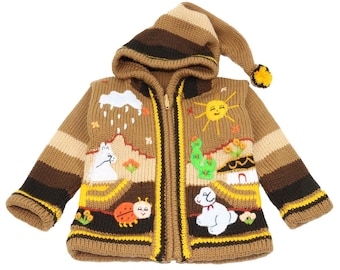 Children's cardigan from Peru, jacket with hood and zipper for babies and children, wool, size 62 to 116, handmade, brown