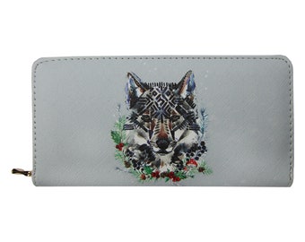 Geldbörse Geldbeutel Portemonnaie Wallet mit Reißverschluss für Damen und Mädchen / Wolf Ethno /Grau