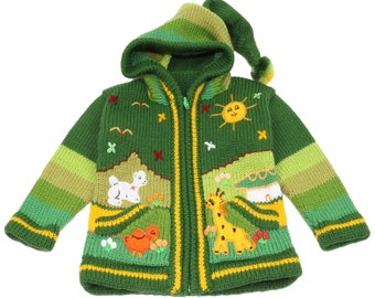 Kinderstrickjacke aus Peru, Jacke mit Kapuze und Reißverschluss für Babys und Kinder, Wolle, Größe 62 bis 116, Handgefertigt, Grün