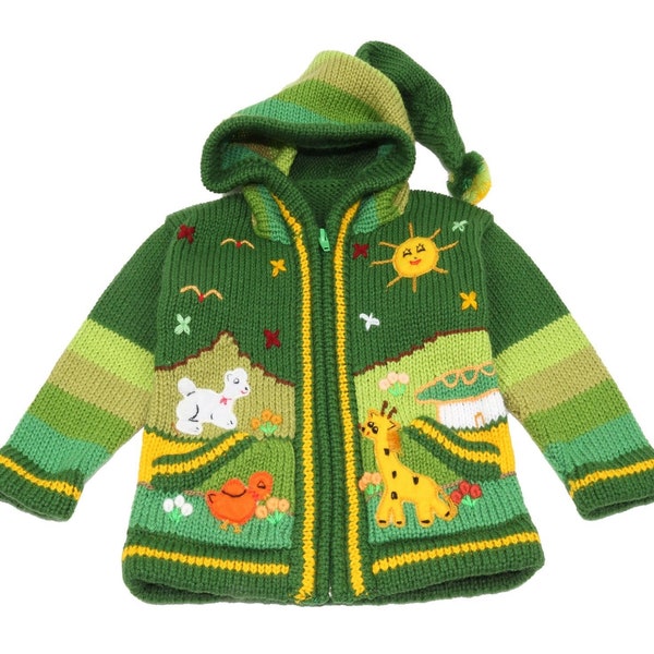Kinderstrickjacke aus Peru, Jacke mit Kapuze und Reißverschluss für Babys und Kinder, Wolle, Größe 62 bis 116, Handgefertigt, Grün