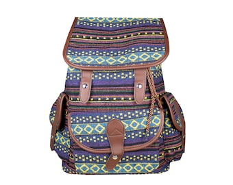 Ethno Rucksack, Cityrucksack für Ausflüge, Hippie, Festival Rucksack, viele Fächer, Lila Blau Gestreift