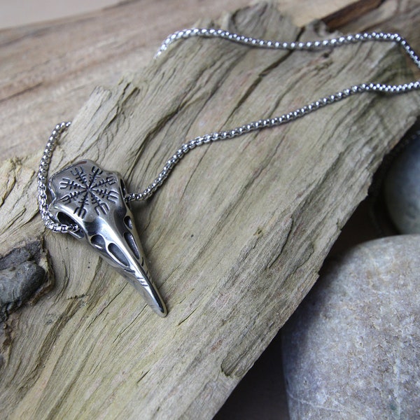 Halskette mit Anhänger aus Edelstahl Herren Damen Unisex Kette Keltisch Wikinger Rabe Schädel Nordische Mythologie - Farbe Silber