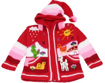 Children's cardigan from Peru, jacket with hood and zipper for babies and children, wool, size 62 to 116, handmade, light red