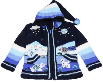 Children's cardigan from Peru, jacket with hood and zipper for babies and children, wool, size 62 to 116, handmade, dark blue