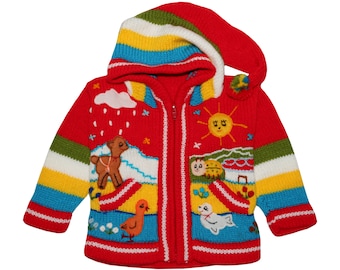 Kinderstrickjacke aus Peru, Jacke mit Kapuze und Reißverschluss für Babys und Kinder, Wolle, Größe 62 bis 116, Handgefertigt, Bunt