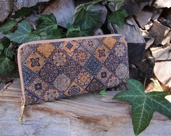Wallet Women Cork Wallet for Women / Ethno Flowers Boho Pattern / Size 19 x 10 cm / Color Natural and Blue