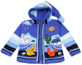 Kinderstrickjacke aus Peru, Jacke mit Kapuze und Reißverschluss für Babys und Kinder, Wolle, Größe 62 bis 116, Handgefertigt, Hellblau