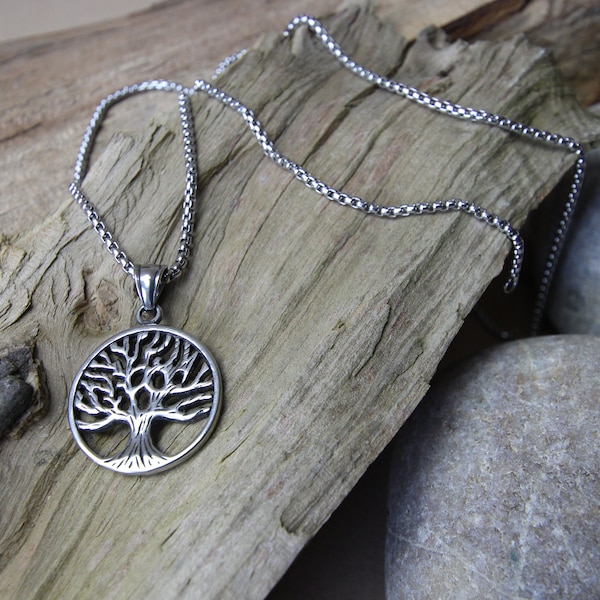 Halskette mit Anhänger aus Edelstahl Herren Damen Unisex Kette Lebensbaum Baum des Lebens Tree of life Symbol des Lebens - Farbe Silber