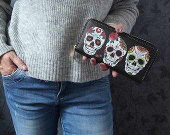 Purse Purse Wallet Wallet with Zipper for Women / Skull Skull Gothik Biker Pattern / Size 19 x 10 cm / Black