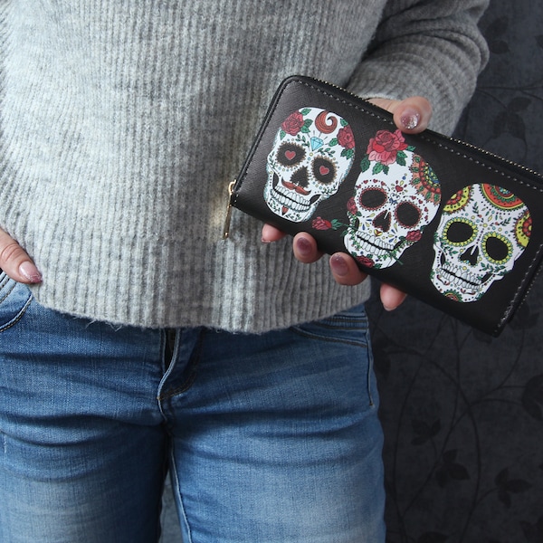 Geldbörse Geldbeutel Portemonnaie Wallet mit Reißverschluss für Damen / Totenkopf Skull Gothik Biker Muster / Größe 19 x 10 cm / Schwarz