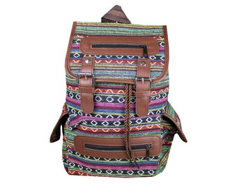 Ethno backpack, City backpack for excursions, Hippie, Festival backpack, many fans, Green Pink Striped