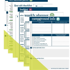 May include: A printable 12-page outdoor adventure planner with a green and blue color scheme. The planner includes sections for memories, first aid checklist, budget, weekly planner, campground info, and notes before and after the trip. The planner also includes a section for dates of arrival and departure, reservation number, and whether you would stay there again.