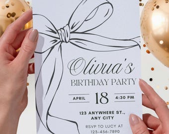 Convite de Aniversário com Laço Preto e Branco | Convite para Festa de Adolescentes | Modelo Editável | Download Imediato