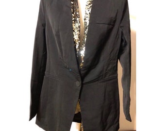 Elegant Slim Fit Blazer Coat Jacket with Removable Gold Sequin Scarf