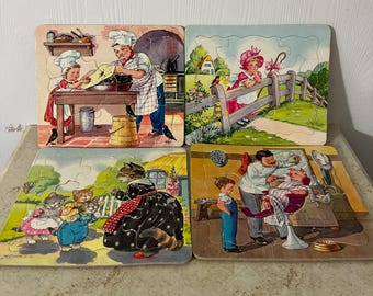 Vintage 1952 Platt & Munk (4) Mother Goose Inlaid Jigsaw Puzzles in Original Box