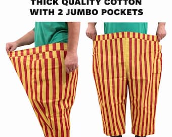 New Pro JUMBO CLOWN PANTS Gold Red Stripe Thick Cotton 2 Big Pleated Pockets Funny Adult Costume Giant 62” Waist Professional Performer