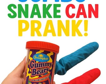 Vintage Deluxe JUMBO 2 SPRING SNAKES Cloth Metal Gummy Bears Can Candy Clown Prop Gag Joke Prank Flying Pops Out Shooting Funny Magic Trick