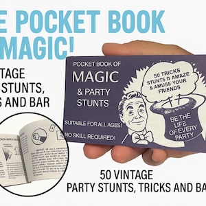 May include: A purple "Pocket Book of Magic" held in a hand, featuring a vintage design. The book promises 50 party stunts, tricks, and bar bets. Text includes "Suitable for all ages!" and "No skill required!"
