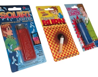 Vintage 3 Pack SMOKER JOKE SET Kit Fake Squirting Lighter Cigarette Burn  Exploding Bic Style Light Cig Prank Gag Joker Cigar Bar Gift Bang